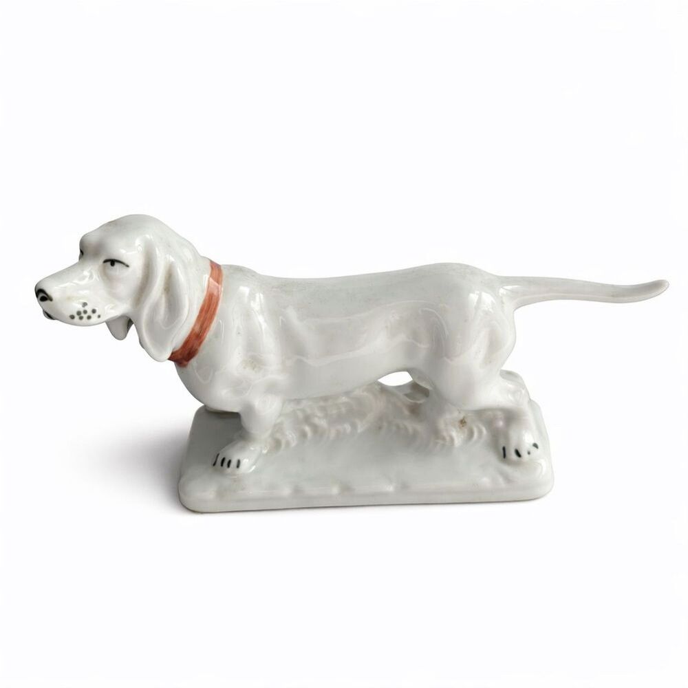 Vintage Elegant White Ceramic Dog Figurine Basset House Daschund